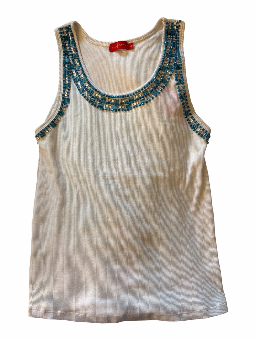 Le Jealous White Tank Top with Blue Beaded Trim